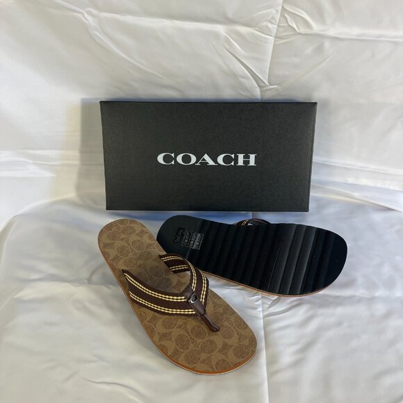 COACH Mens Webbing Flip Flop, Size 8, Tan Signature - Picture 3 of 8